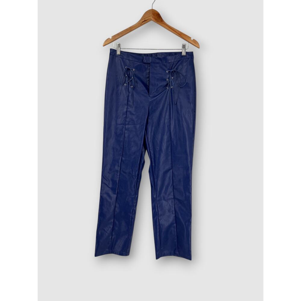 ASOS Reclaimed Vintage Blue Faux Leather Lace-Up Straight Leg Trousers Size 8